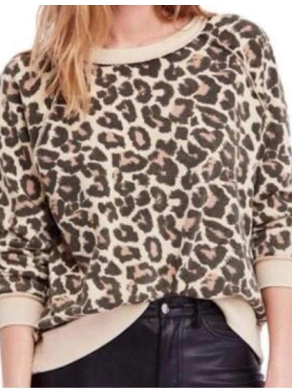 Free People Leopard-Print Crewneck Sweater in Beige, Olive & Light Pink